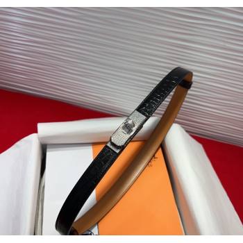 Hermes Kelly Duo Belt 1.8cm in Crocodile Embossed Calfskin with Silver Strass Paved Buckle Black 2025 H2011025 (99-250508184)