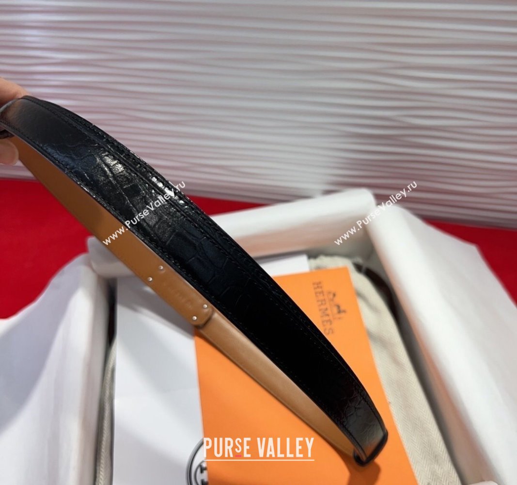 Hermes Kelly Duo Belt 1.8cm in Crocodile Embossed Calfskin with Silver Strass Paved Buckle Black 2025 H2011025 (99-250508184)