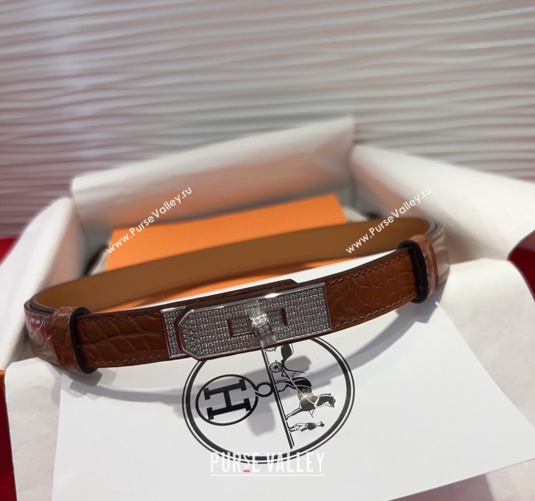 Hermes Kelly Duo Belt 1.8cm in Crocodile Embossed Calfskin with Silver Strass Paved Buckle Brown2 2025 H2011025 (99-250508185)