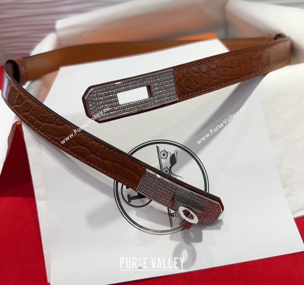 Hermes Kelly Duo Belt 1.8cm in Crocodile Embossed Calfskin with Silver Strass Paved Buckle Brown2 2025 H2011025 (99-250508185)