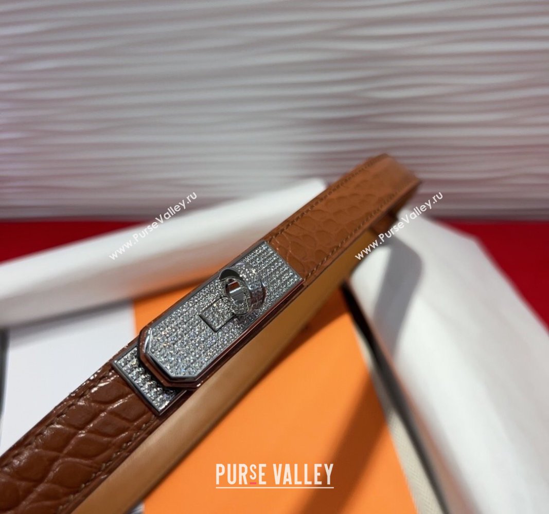 Hermes Kelly Duo Belt 1.8cm in Crocodile Embossed Calfskin with Silver Strass Paved Buckle Brown2 2025 H2011025 (99-250508185)