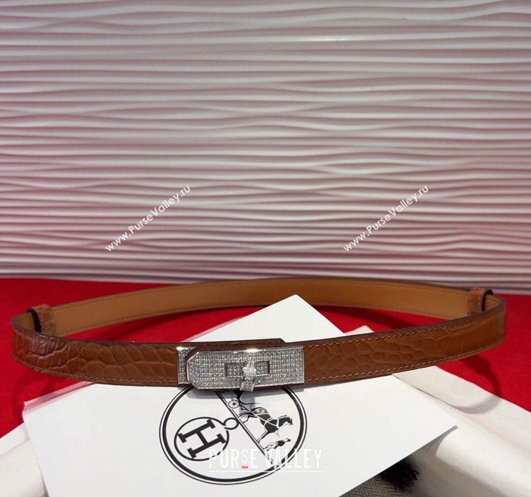 Hermes Kelly Duo Belt 1.8cm in Crocodile Embossed Calfskin with Silver Strass Paved Buckle Brown2 2025 H2011025 (99-250508185)