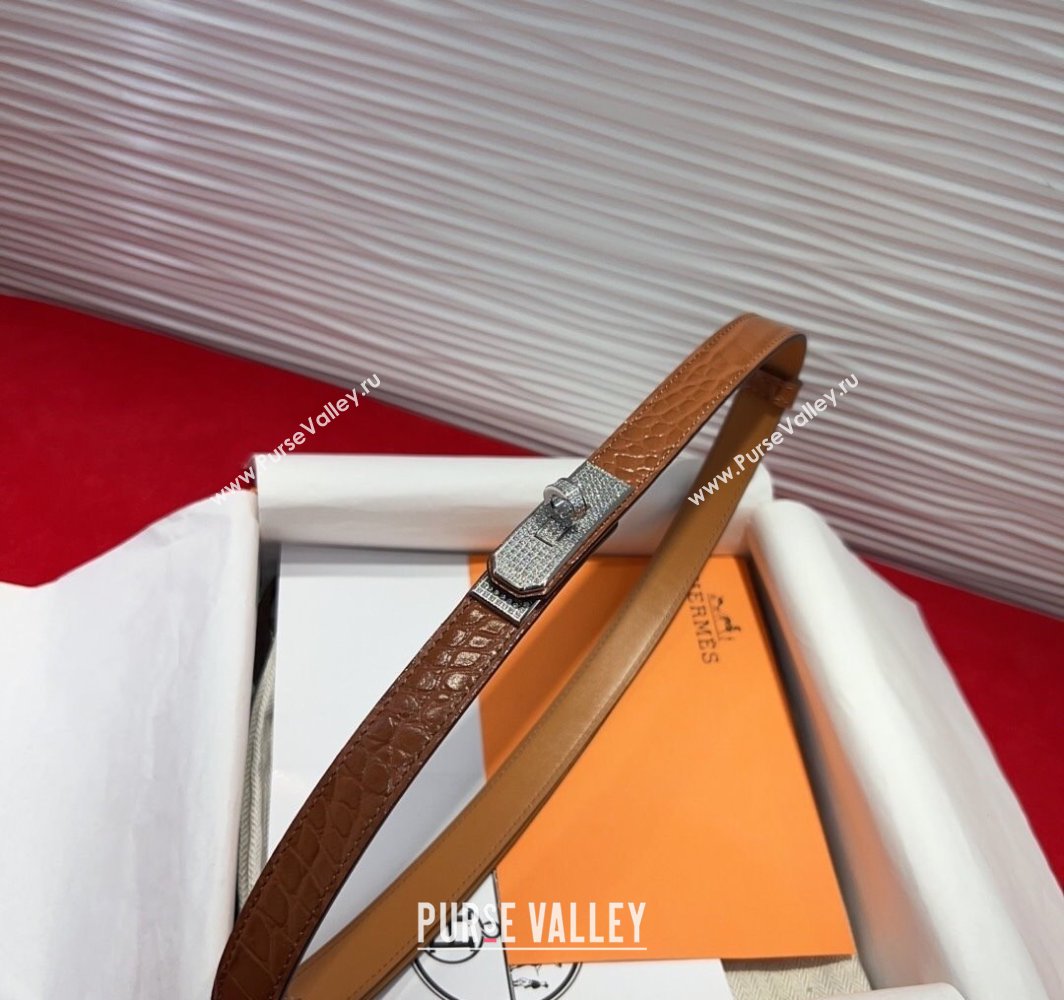 Hermes Kelly Duo Belt 1.8cm in Crocodile Embossed Calfskin with Silver Strass Paved Buckle Brown2 2025 H2011025 (99-250508185)