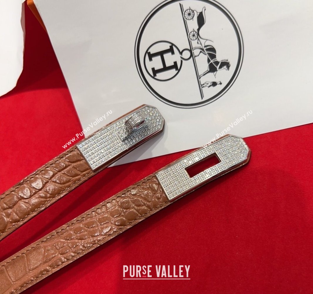 Hermes Kelly Duo Belt 1.8cm in Crocodile Embossed Calfskin with Silver Strass Paved Buckle Brown2 2025 H2011025 (99-250508185)