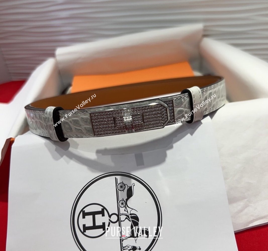Hermes Kelly Duo Belt 1.8cm in Crocodile Embossed Calfskin with Silver Strass Paved Buckle White 2025 H2011025 (99-250508186)