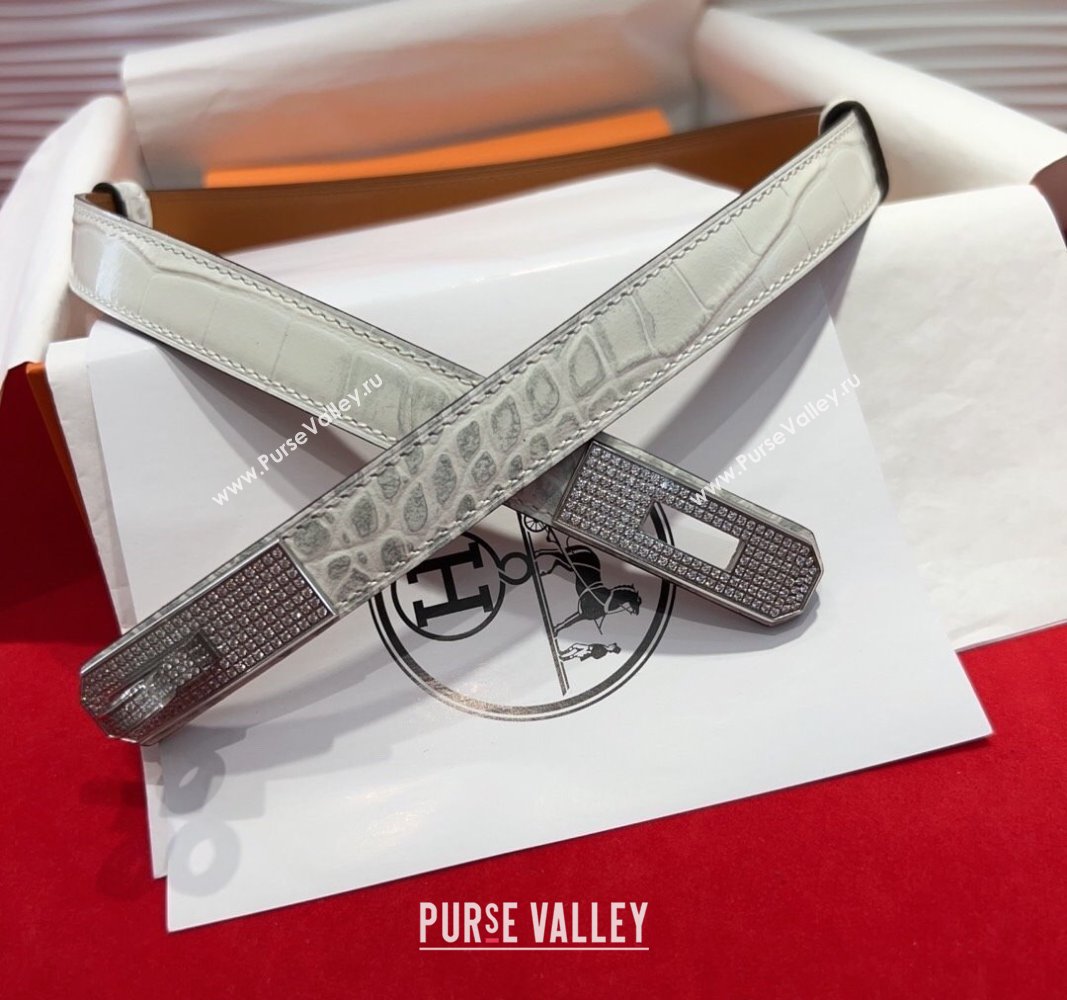 Hermes Kelly Duo Belt 1.8cm in Crocodile Embossed Calfskin with Silver Strass Paved Buckle White 2025 H2011025 (99-250508186)