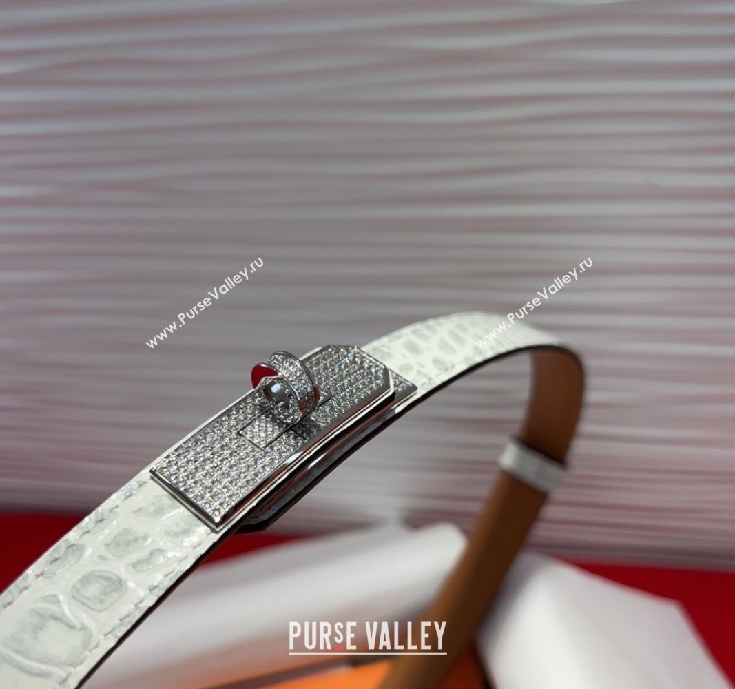 Hermes Kelly Duo Belt 1.8cm in Crocodile Embossed Calfskin with Silver Strass Paved Buckle White 2025 H2011025 (99-250508186)