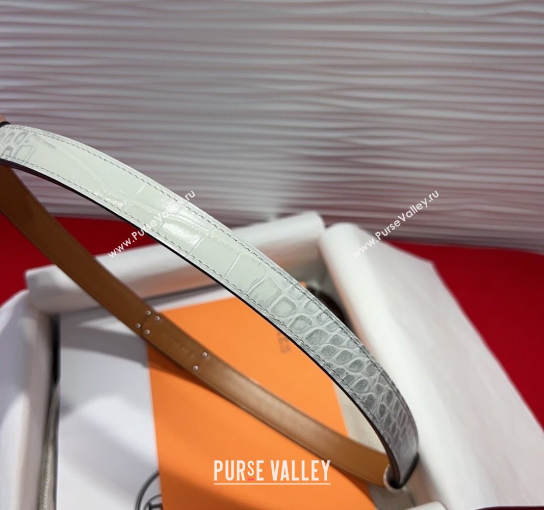 Hermes Kelly Duo Belt 1.8cm in Crocodile Embossed Calfskin with Silver Strass Paved Buckle White 2025 H2011025 (99-250508186)