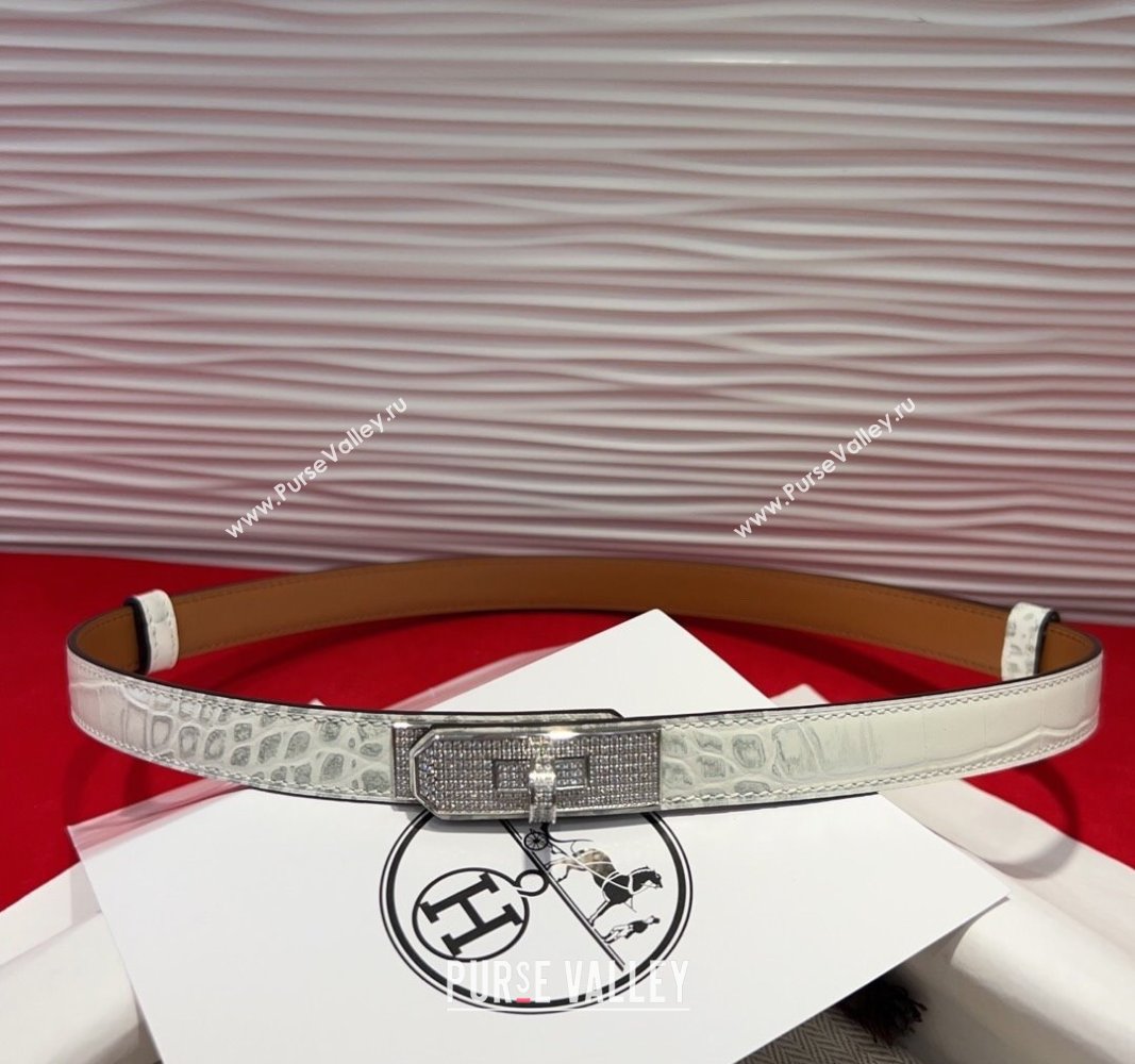 Hermes Kelly Duo Belt 1.8cm in Crocodile Embossed Calfskin with Silver Strass Paved Buckle White 2025 H2011025 (99-250508186)