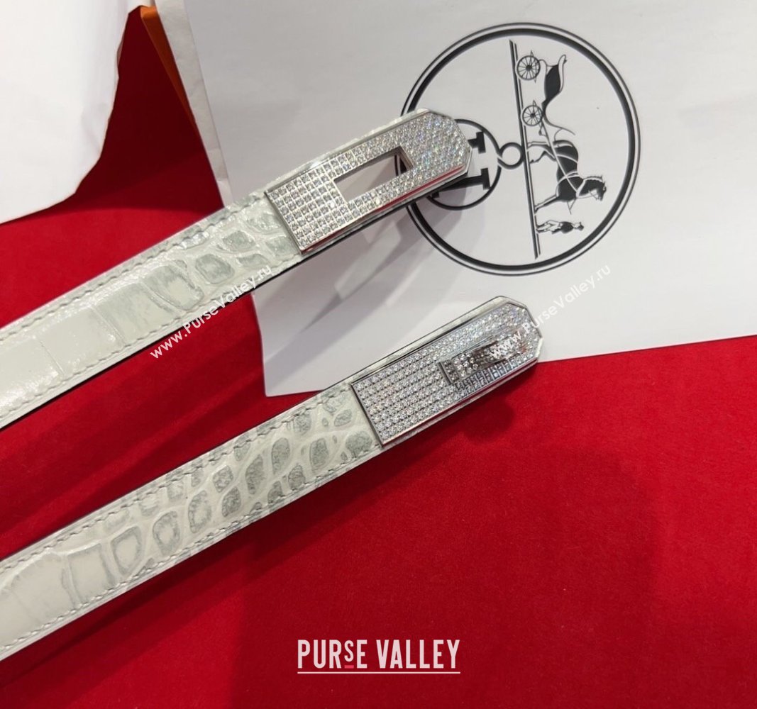 Hermes Kelly Duo Belt 1.8cm in Crocodile Embossed Calfskin with Silver Strass Paved Buckle White 2025 H2011025 (99-250508186)