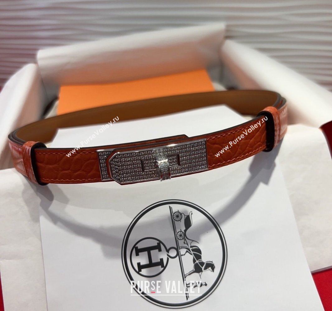 Hermes Kelly Duo Belt 1.8cm in Crocodile Embossed Calfskin with Silver Strass Paved Buckle Orange 2025 H2011025 (99-250508188)