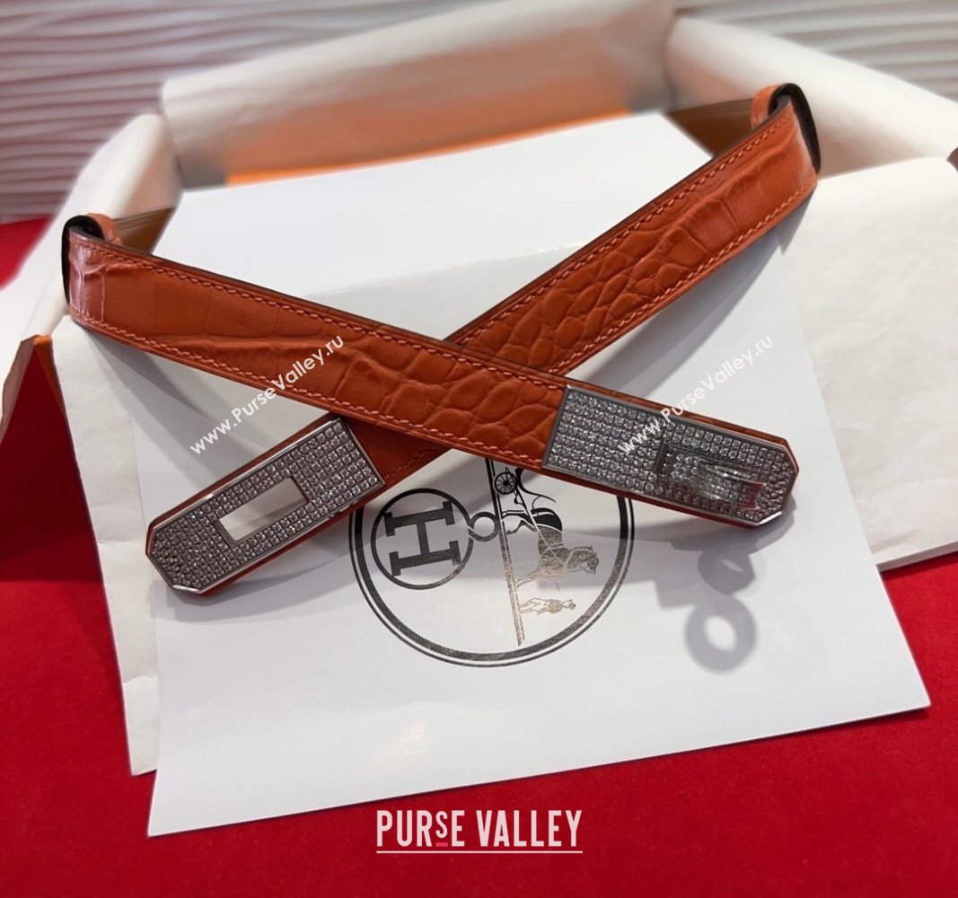 Hermes Kelly Duo Belt 1.8cm in Crocodile Embossed Calfskin with Silver Strass Paved Buckle Orange 2025 H2011025 (99-250508188)
