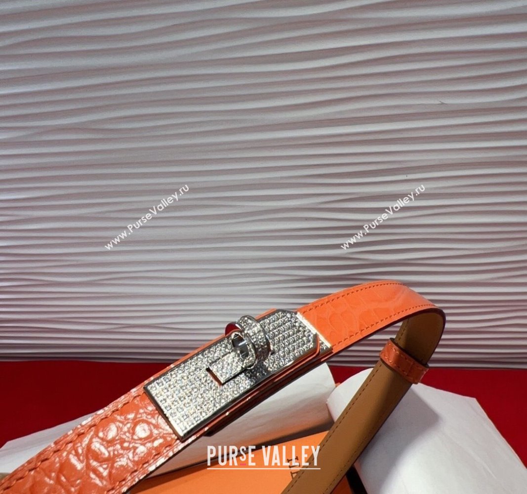 Hermes Kelly Duo Belt 1.8cm in Crocodile Embossed Calfskin with Silver Strass Paved Buckle Orange 2025 H2011025 (99-250508188)