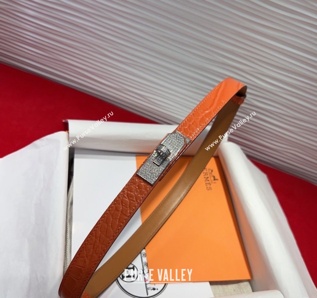 Hermes Kelly Duo Belt 1.8cm in Crocodile Embossed Calfskin with Silver Strass Paved Buckle Orange 2025 H2011025 (99-250508188)