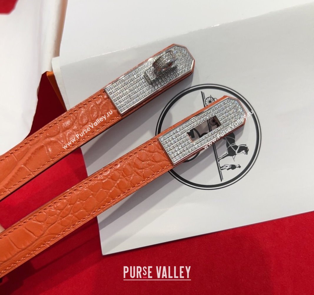 Hermes Kelly Duo Belt 1.8cm in Crocodile Embossed Calfskin with Silver Strass Paved Buckle Orange 2025 H2011025 (99-250508188)