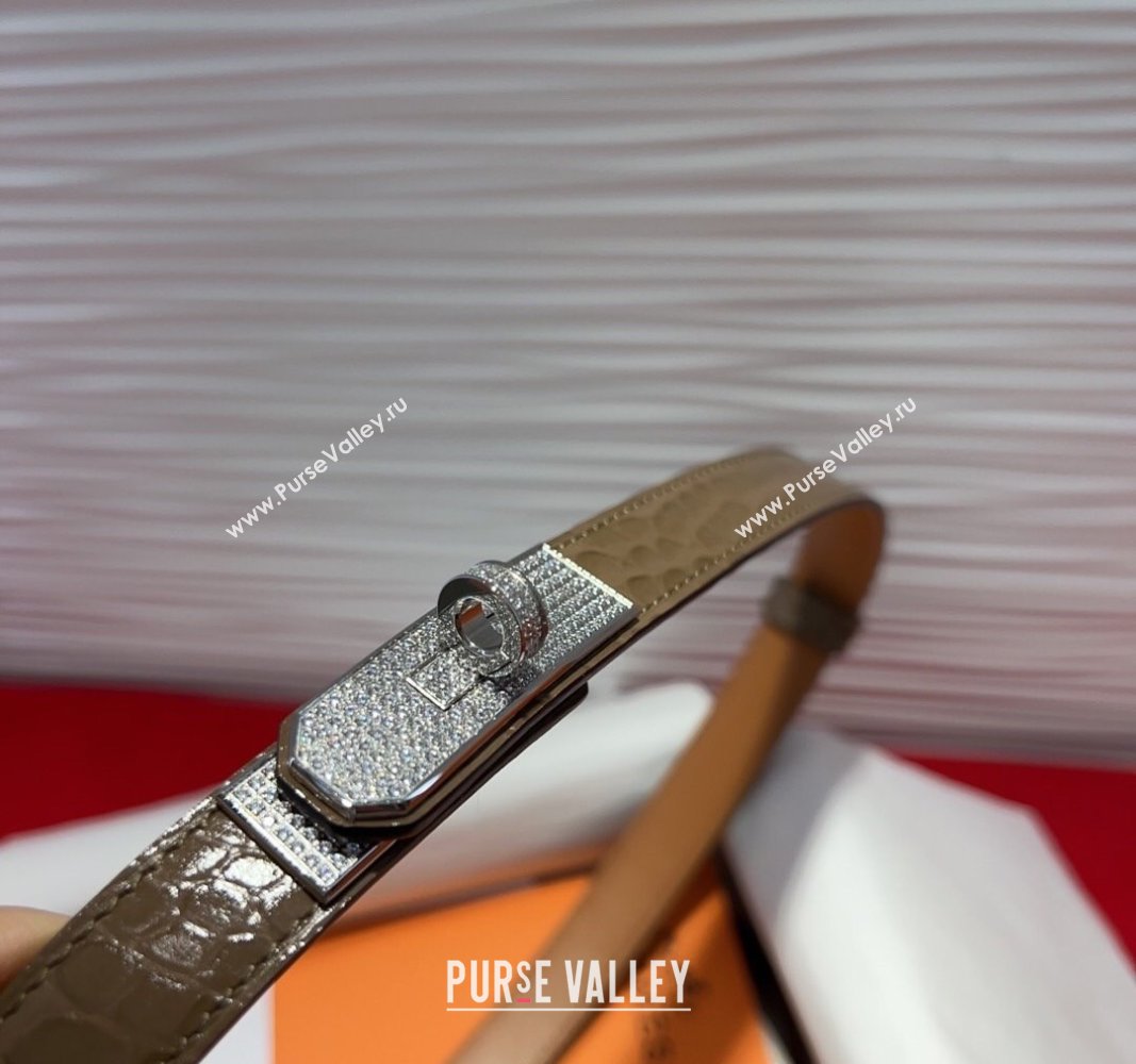 Hermes Kelly Duo Belt 1.8cm in Crocodile Embossed Calfskin with Silver Strass Paved Buckle Grey 2025 H2011025 (99-250508189)