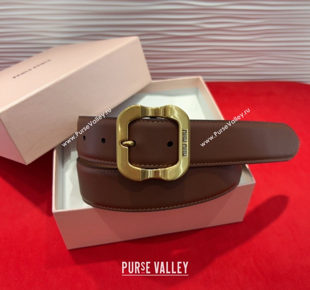 Miu Miu Supple Calfskin Belt 3.4cm with Gold-Tone Square Buckle Dark Brown 2025 2012025 (99-250508147)
