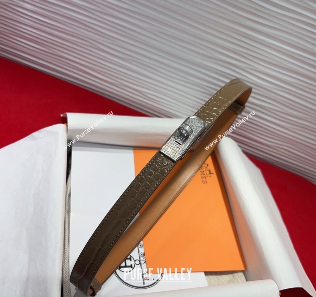 Hermes Kelly Duo Belt 1.8cm in Crocodile Embossed Calfskin with Silver Strass Paved Buckle Grey 2025 H2011025 (99-250508189)