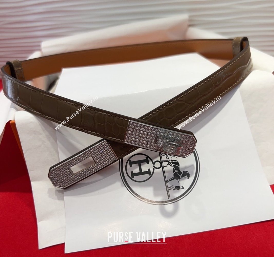 Hermes Kelly Duo Belt 1.8cm in Crocodile Embossed Calfskin with Silver Strass Paved Buckle Grey 2025 H2011025 (99-250508189)