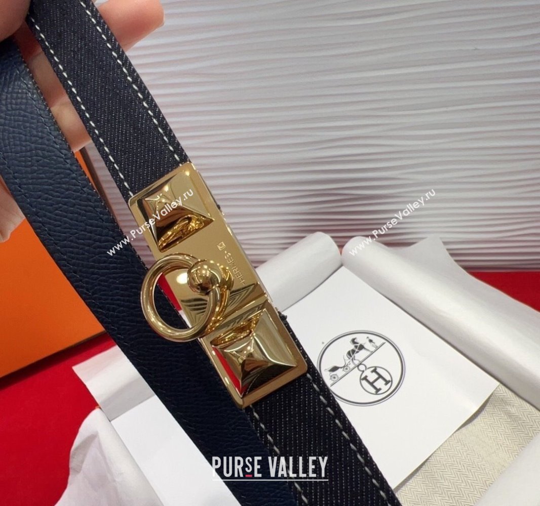 Hermes Rivale Denim Belt 1.8cm with Two Medor and Ring Buckle Dark Blue/Gold 2025 (99-250508190)