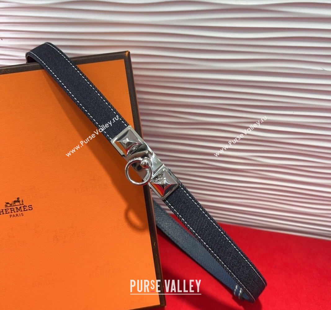 Hermes Rivale Denim Belt 1.8cm with Two Medor and Ring Buckle Dark Blue/Silver 2025 (99-250508191)