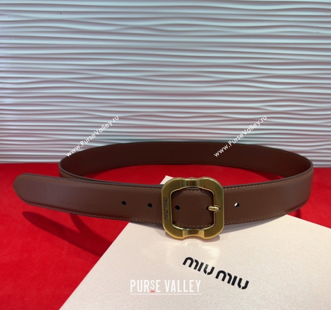 Miu Miu Supple Calfskin Belt 3.4cm with Gold-Tone Square Buckle Dark Brown 2025 2012025 (99-250508147)