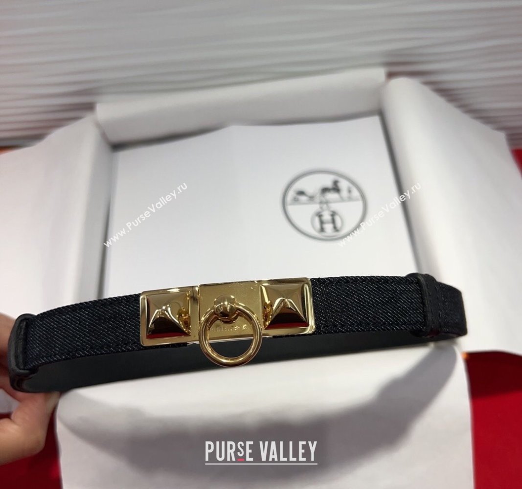 Hermes Rivale Denim Belt 1.8cm with Two Medor and Ring Buckle Black/Gold 2025 (99-250508194)