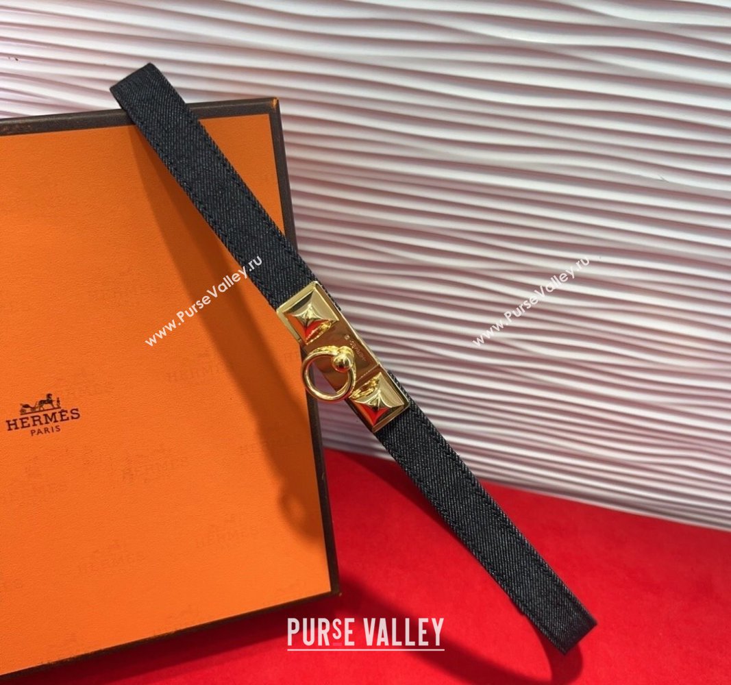 Hermes Rivale Denim Belt 1.8cm with Two Medor and Ring Buckle Black/Gold 2025 (99-250508194)