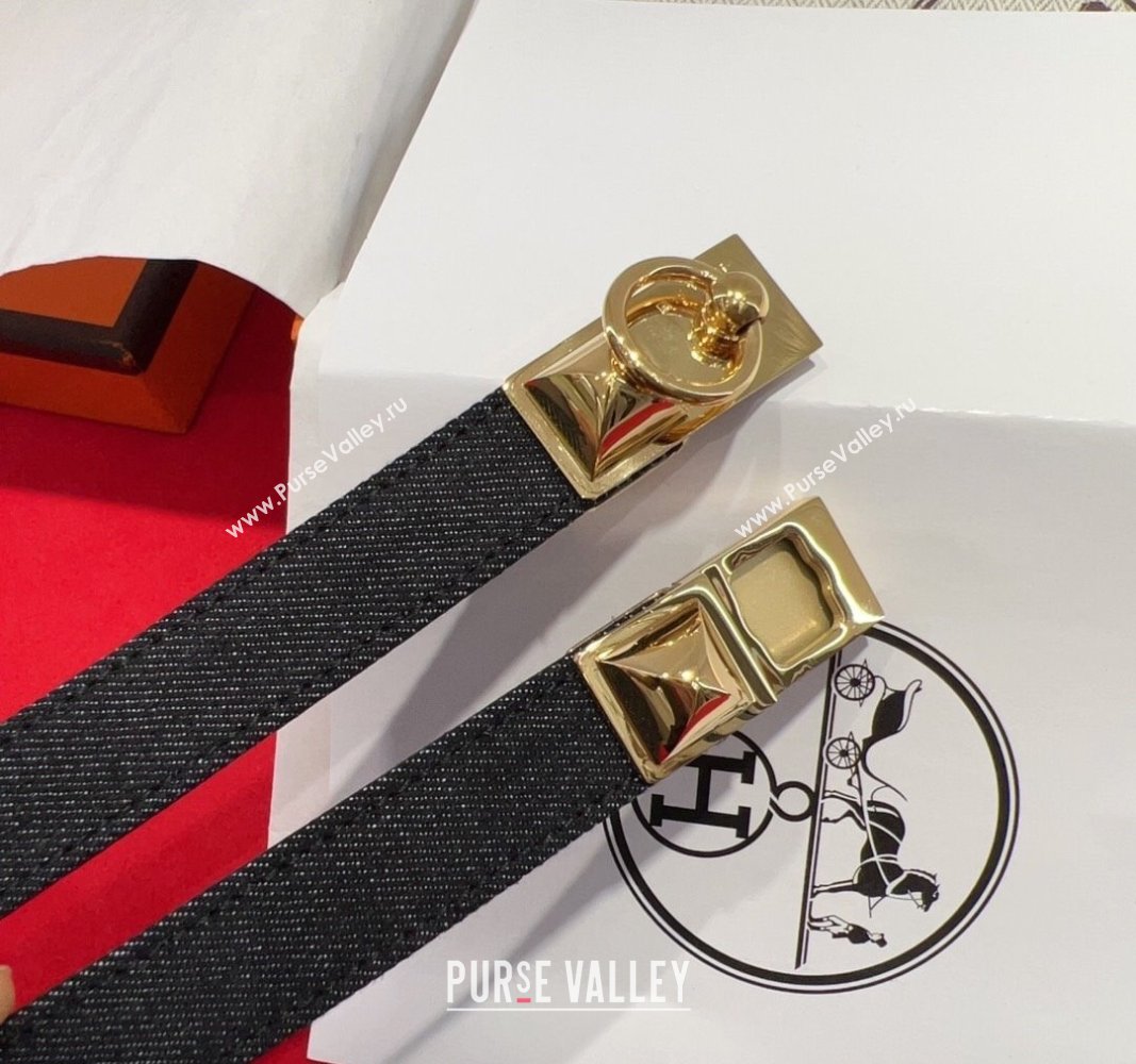 Hermes Rivale Denim Belt 1.8cm with Two Medor and Ring Buckle Black/Gold 2025 (99-250508194)