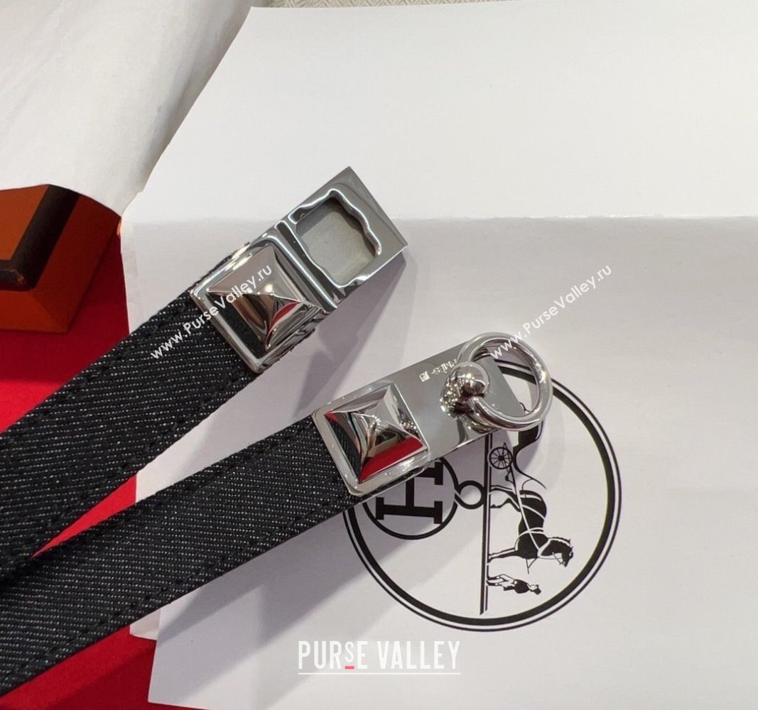 Hermes Rivale Denim Belt 1.8cm with Two Medor and Ring Buckle Black/Silver 2025 (99-250508195)