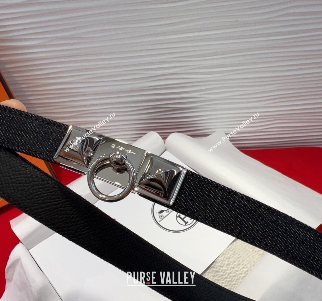 Hermes Rivale Denim Belt 1.8cm with Two Medor and Ring Buckle Black/Silver 2025 (99-250508195)