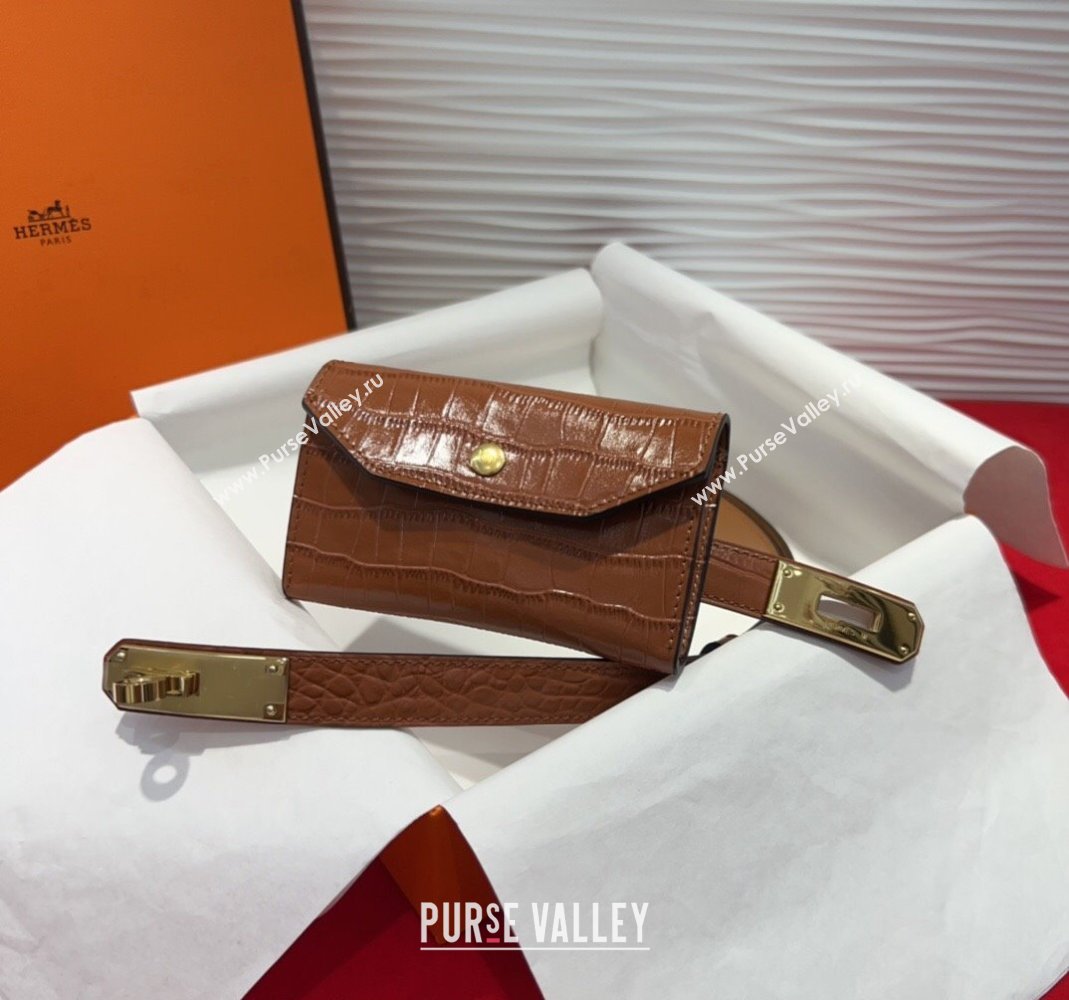 Hermes Kelly Pocket 18 Pouch Belt 1.8cm with Gold Hardware in Crocodile Leather Brown 2025 (99-250508210)