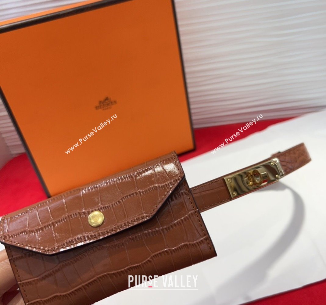 Hermes Kelly Pocket 18 Pouch Belt 1.8cm with Gold Hardware in Crocodile Leather Brown 2025 (99-250508210)