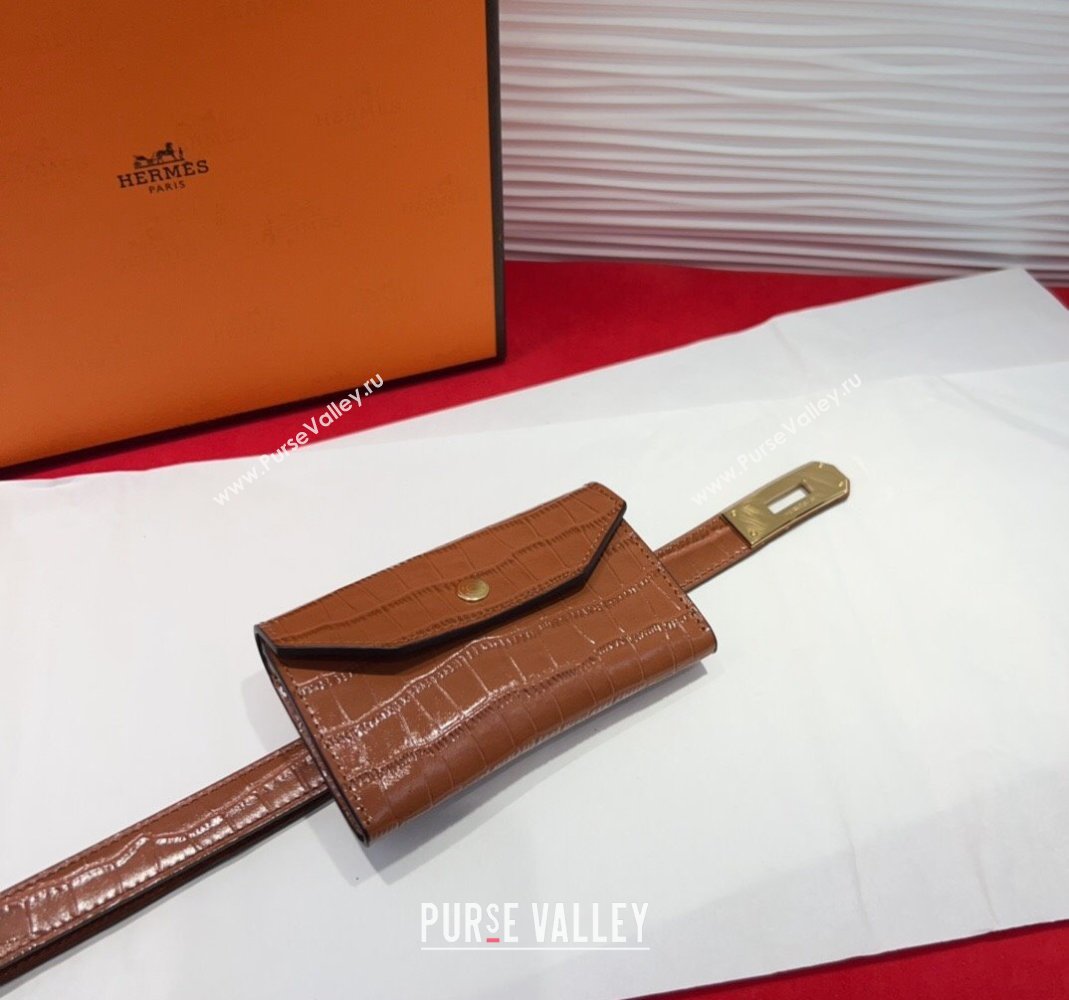 Hermes Kelly Pocket 18 Pouch Belt 1.8cm with Gold Hardware in Crocodile Leather Brown 2025 (99-250508210)