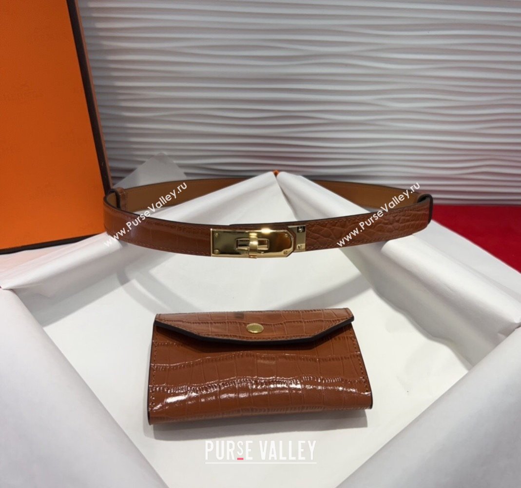 Hermes Kelly Pocket 18 Pouch Belt 1.8cm with Gold Hardware in Crocodile Leather Brown 2025 (99-250508210)