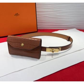 Hermes Kelly Pocket 18 Pouch Belt 1.8cm with Gold Hardware in Crocodile Leather Brown 2025 (99-250508210)