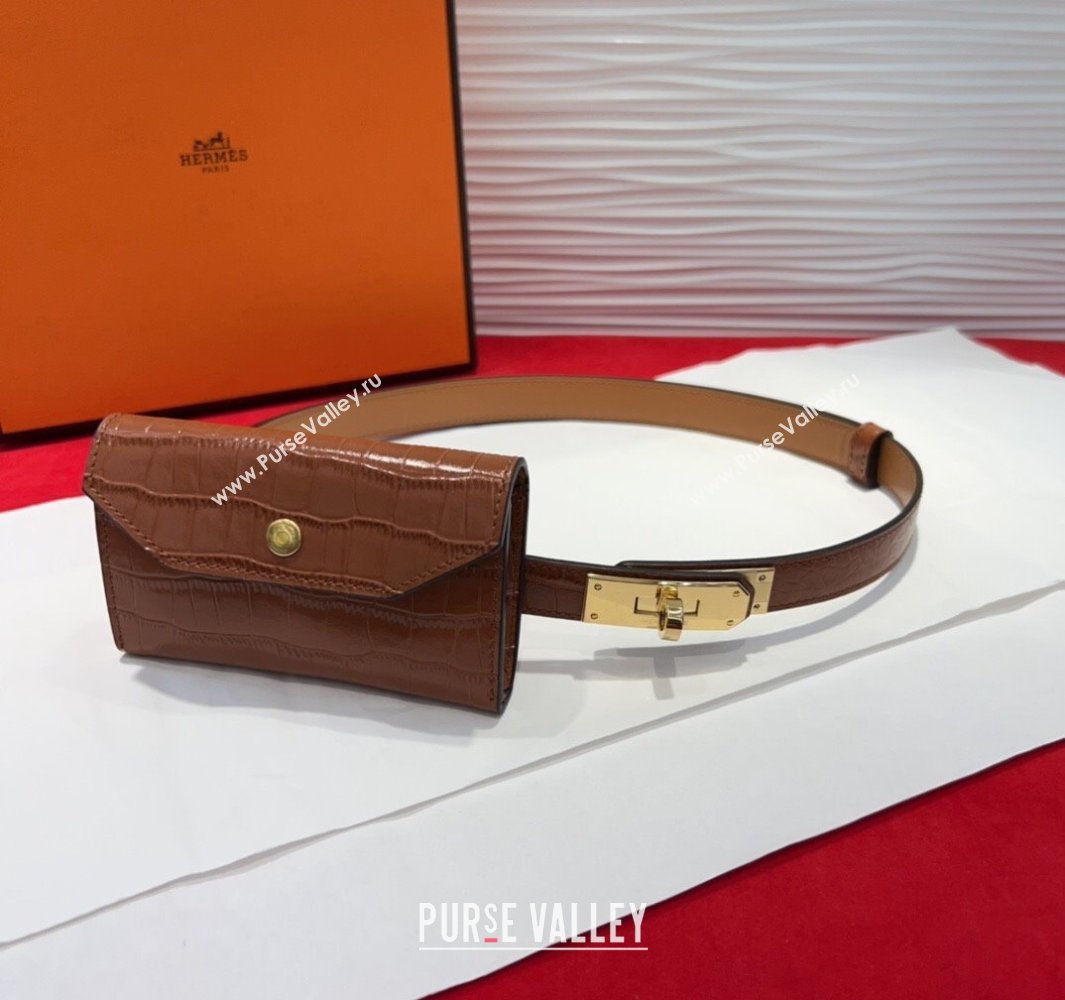 Hermes Kelly Pocket 18 Pouch Belt 1.8cm with Gold Hardware in Crocodile Leather Brown 2025 (99-250508210)