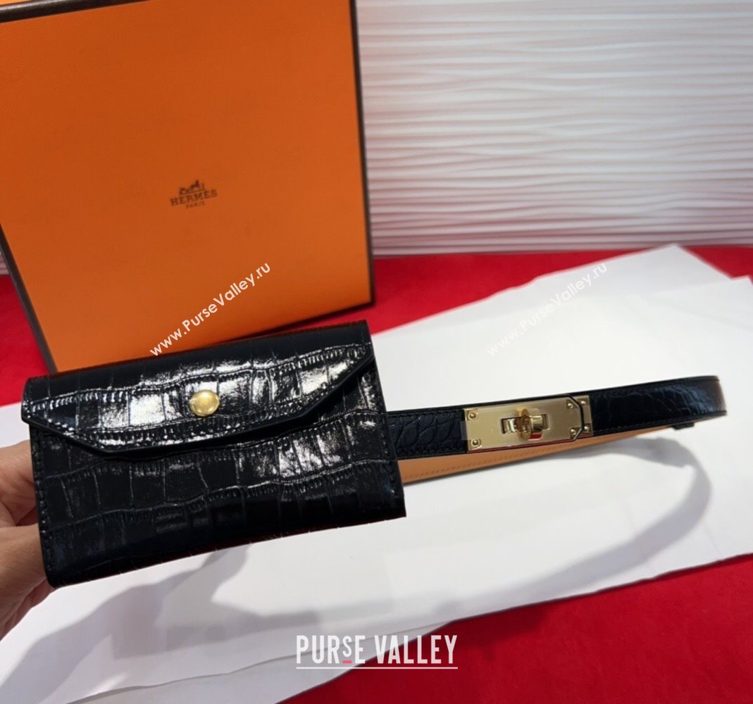Hermes Kelly Pocket 18 Pouch Belt 1.8cm with Gold Hardware in Crocodile Leather Black 2025 (99-250508211)