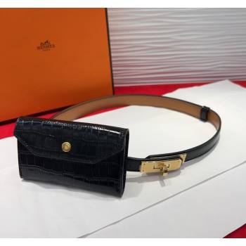 Hermes Kelly Pocket 18 Pouch Belt 1.8cm with Gold Hardware in Crocodile Leather Black 2025 (99-250508211)