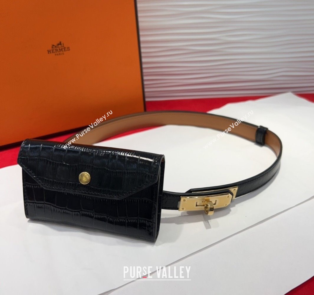 Hermes Kelly Pocket 18 Pouch Belt 1.8cm with Gold Hardware in Crocodile Leather Black 2025 (99-250508211)