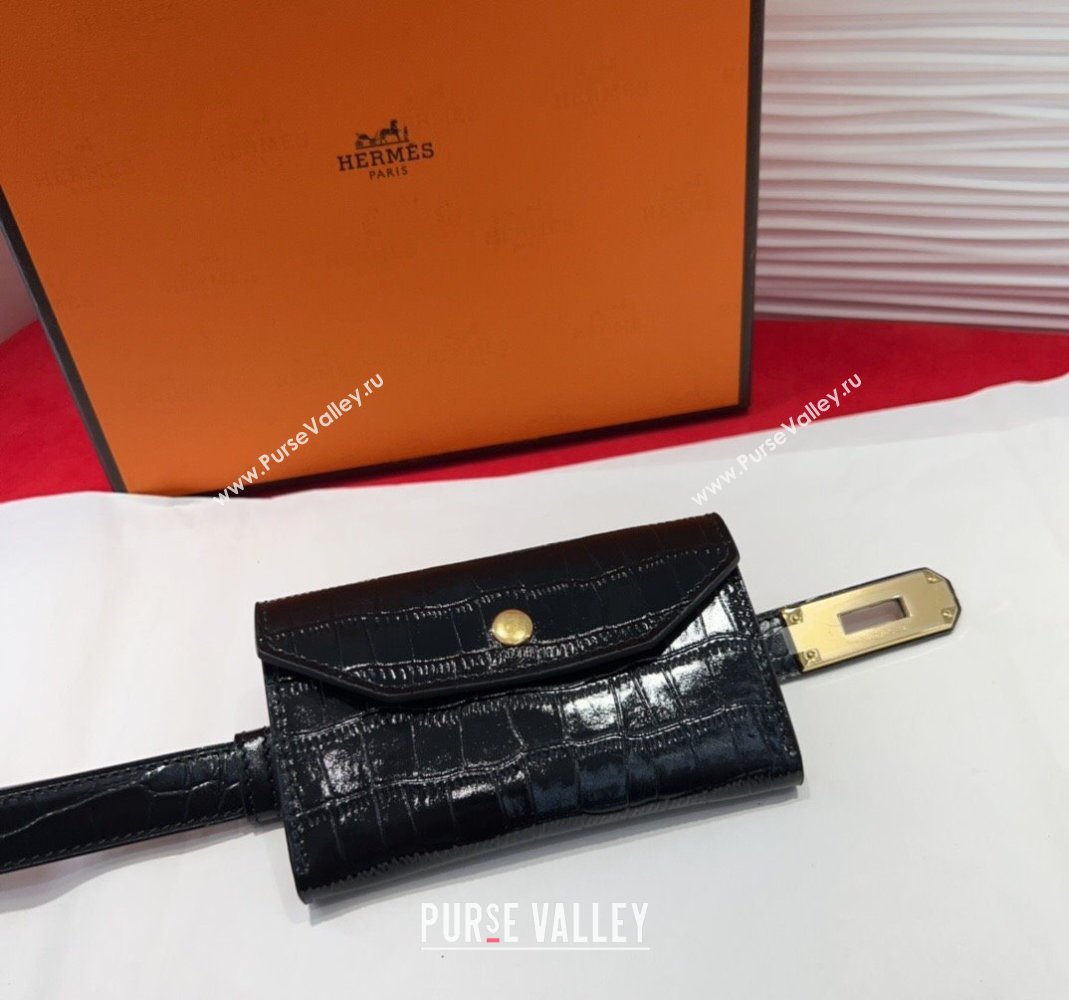 Hermes Kelly Pocket 18 Pouch Belt 1.8cm with Gold Hardware in Crocodile Leather Black 2025 (99-250508211)