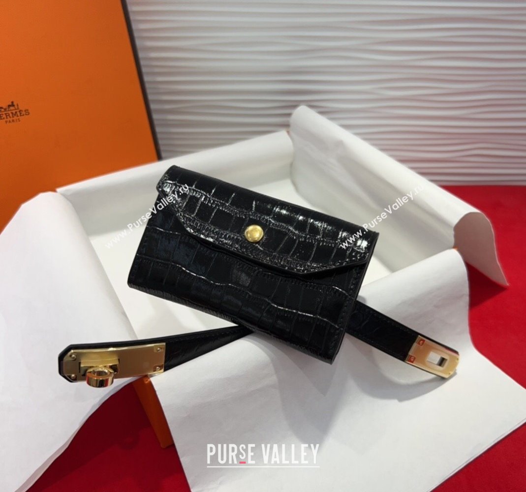 Hermes Kelly Pocket 18 Pouch Belt 1.8cm with Gold Hardware in Crocodile Leather Black 2025 (99-250508211)