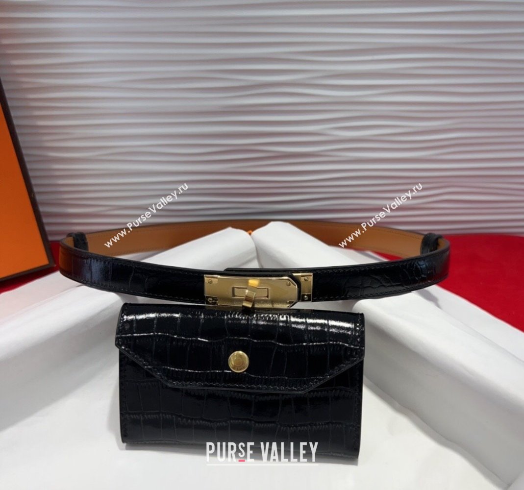 Hermes Kelly Pocket 18 Pouch Belt 1.8cm with Gold Hardware in Crocodile Leather Black 2025 (99-250508211)