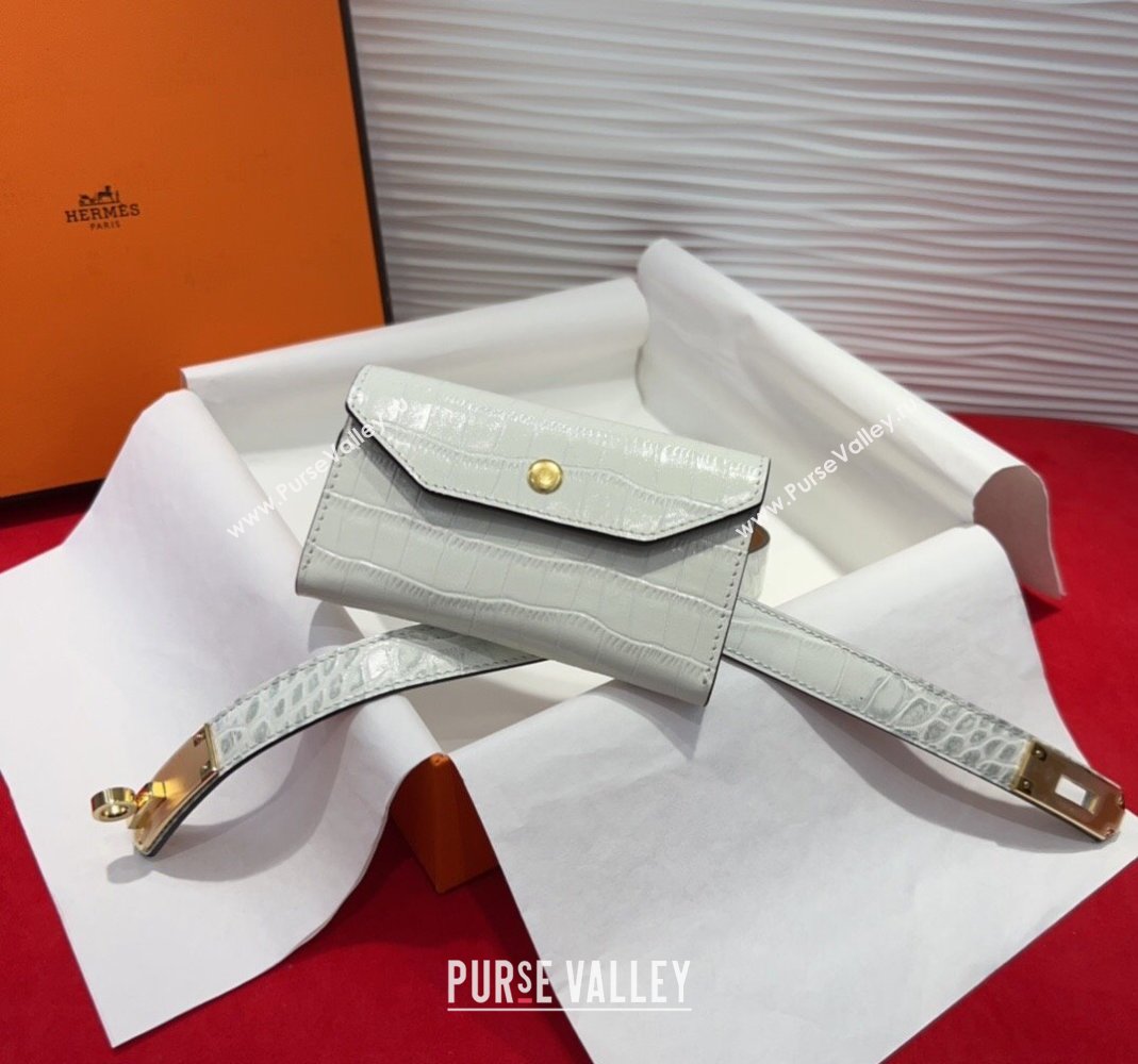 Hermes Kelly Pocket 18 Pouch Belt 1.8cm with Gold Hardware in Crocodile Leather White 2025 (99-250508212)