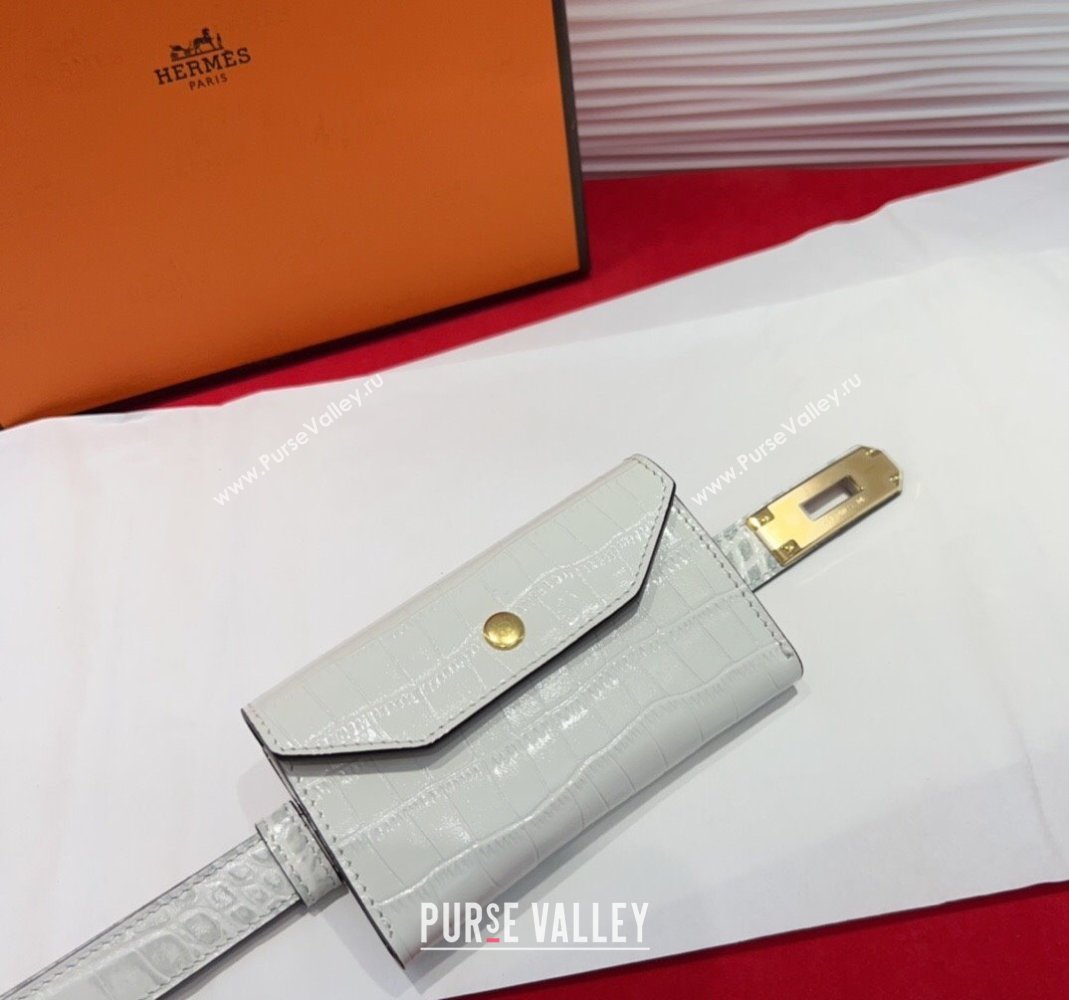 Hermes Kelly Pocket 18 Pouch Belt 1.8cm with Gold Hardware in Crocodile Leather White 2025 (99-250508212)