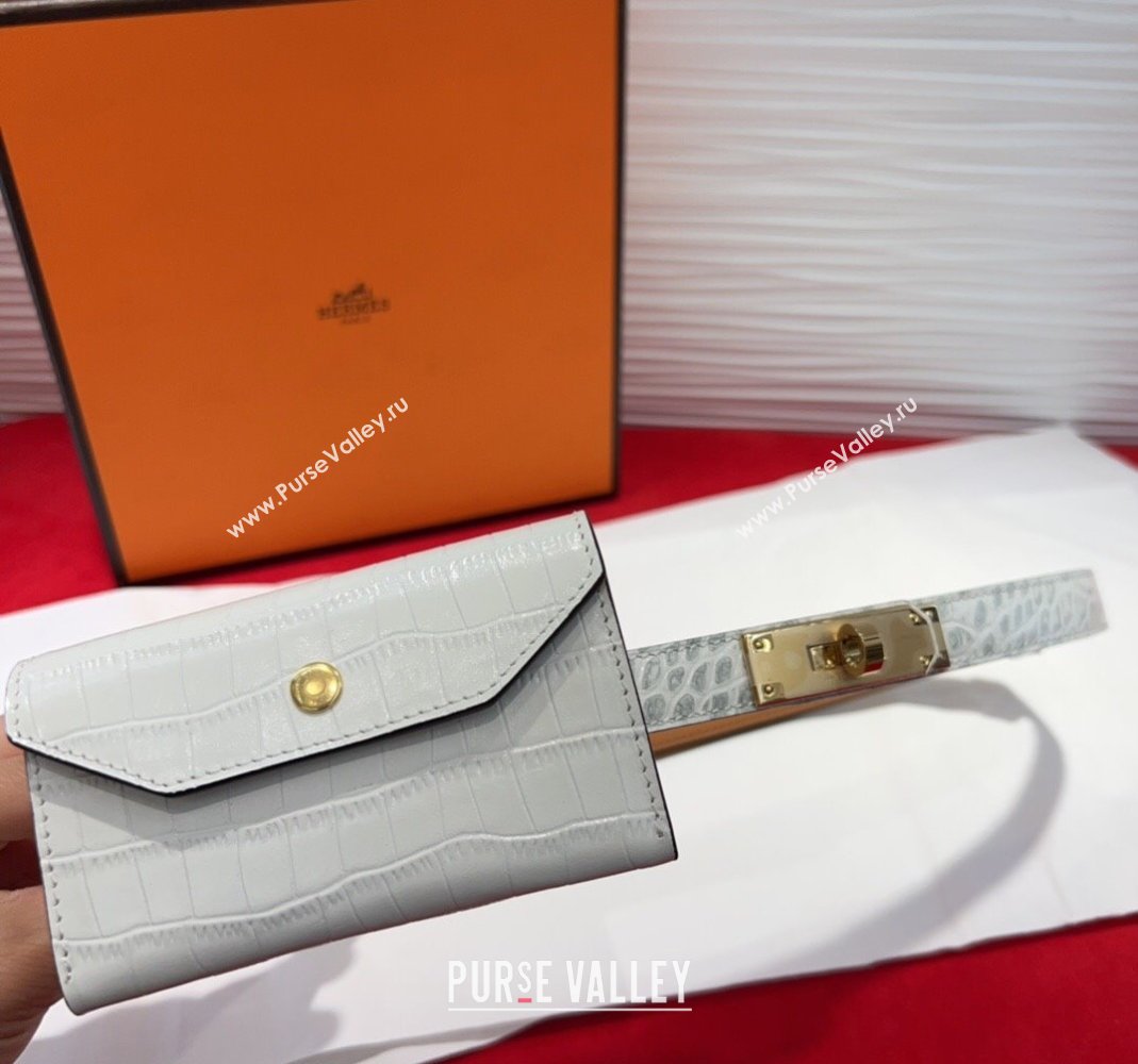 Hermes Kelly Pocket 18 Pouch Belt 1.8cm with Gold Hardware in Crocodile Leather White 2025 (99-250508212)