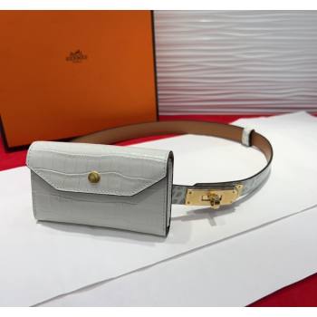 Hermes Kelly Pocket 18 Pouch Belt 1.8cm with Gold Hardware in Crocodile Leather White 2025 (99-250508212)
