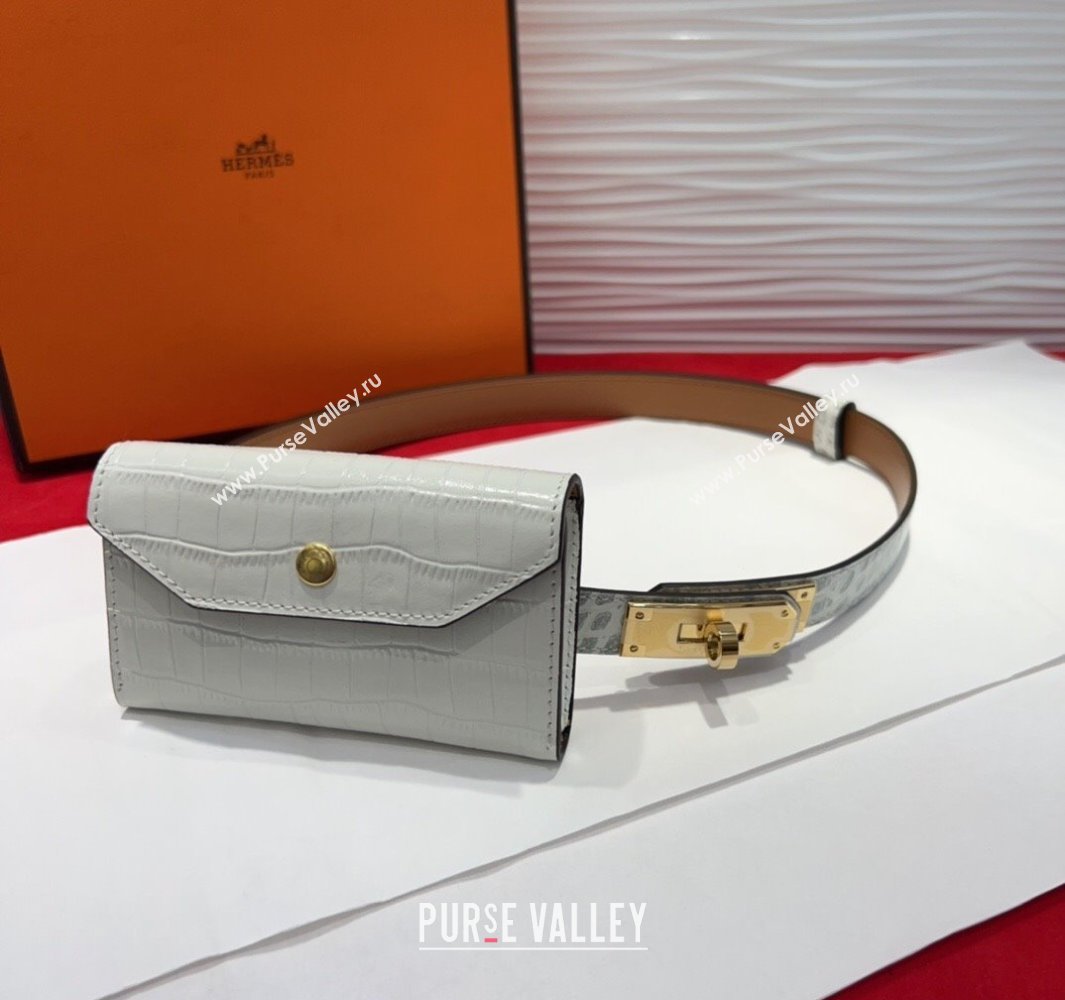Hermes Kelly Pocket 18 Pouch Belt 1.8cm with Gold Hardware in Crocodile Leather White 2025 (99-250508212)