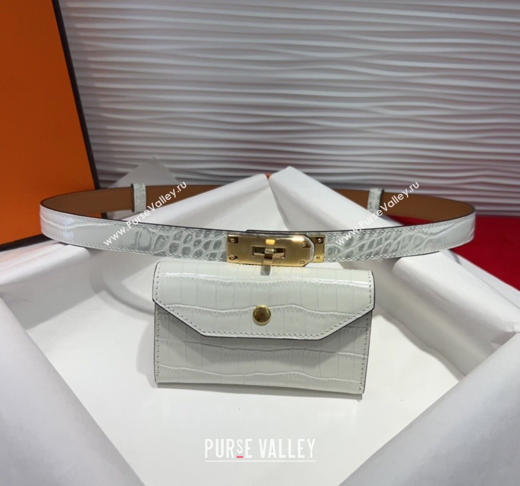 Hermes Kelly Pocket 18 Pouch Belt 1.8cm with Gold Hardware in Crocodile Leather White 2025 (99-250508212)