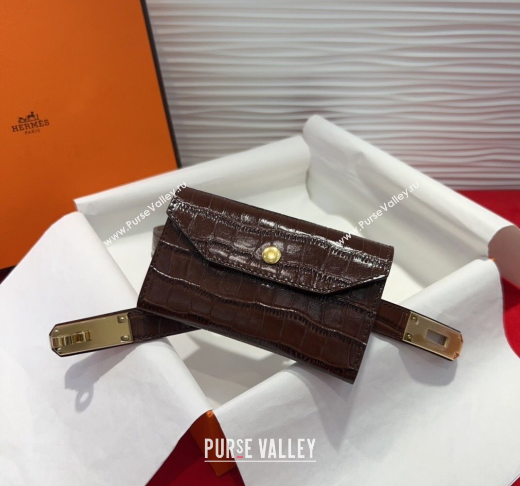 Hermes Kelly Pocket 18 Pouch Belt 1.8cm with Gold Hardware in Crocodile Leather Dark Brown 2025 (99-250508213)
